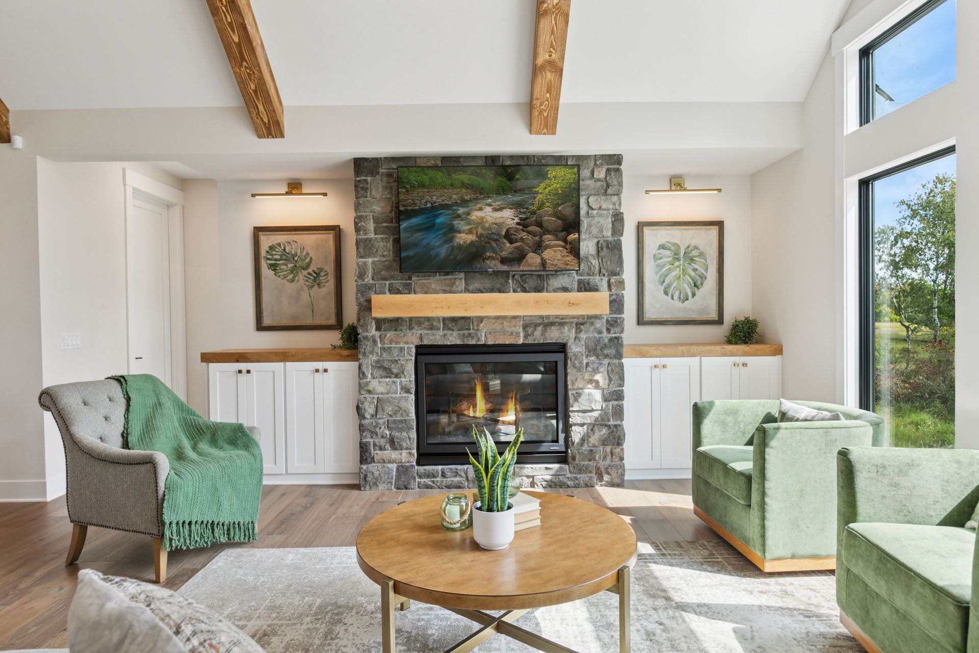 Great room with stone-surround gas fireplace and mantle