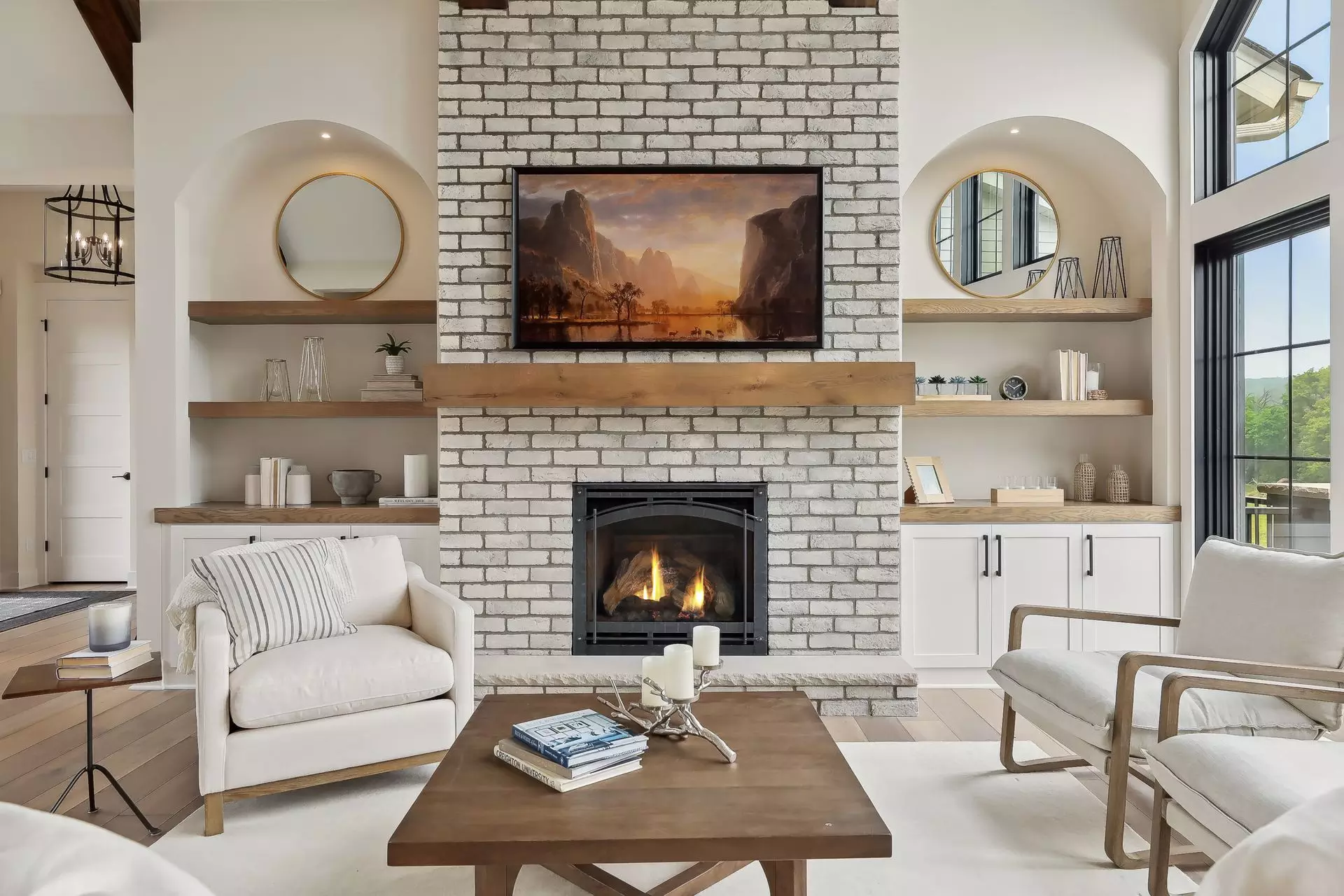 Gas fireplace with brick wall