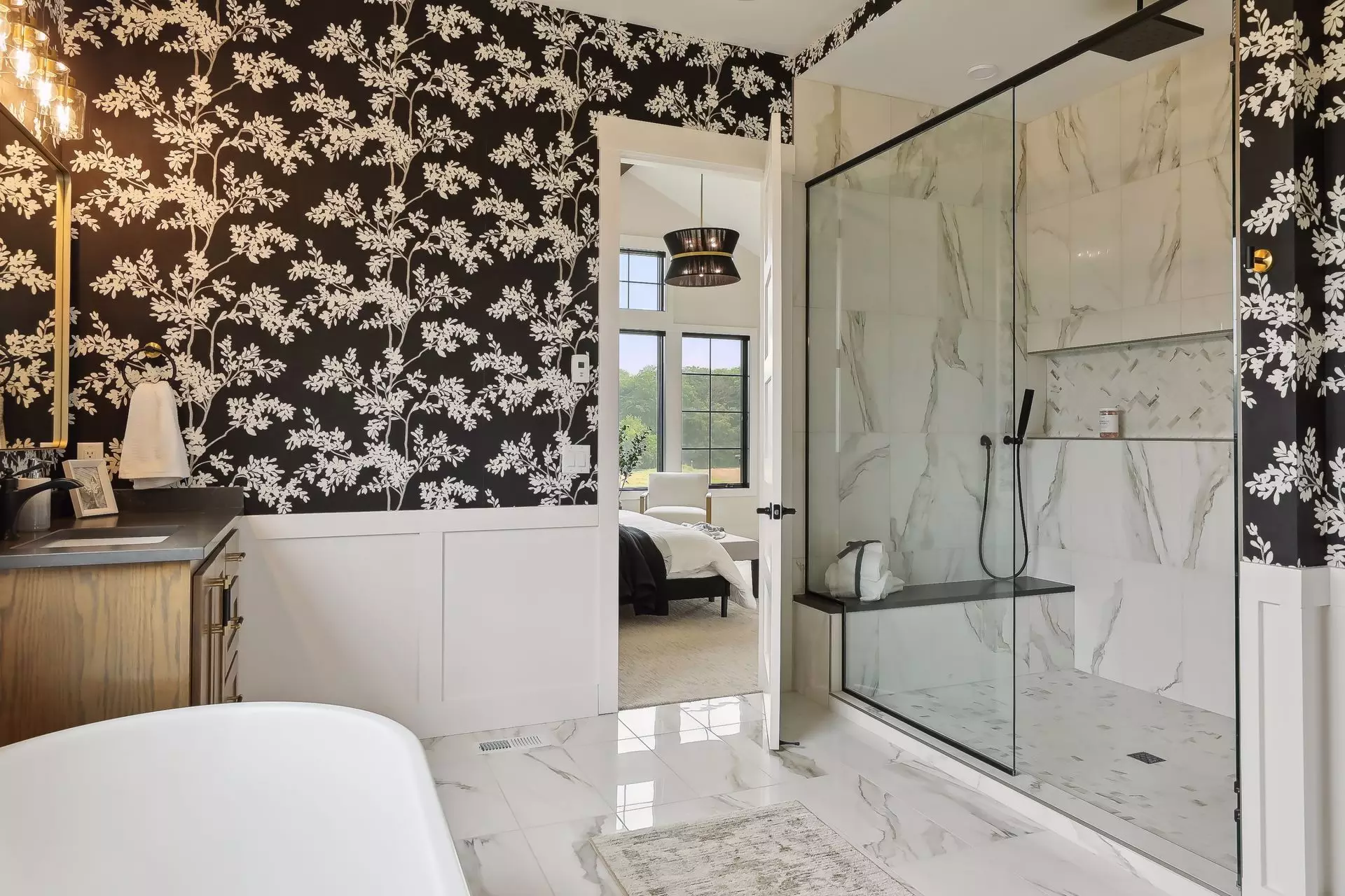 Luxurious walk-in shower with bench seating