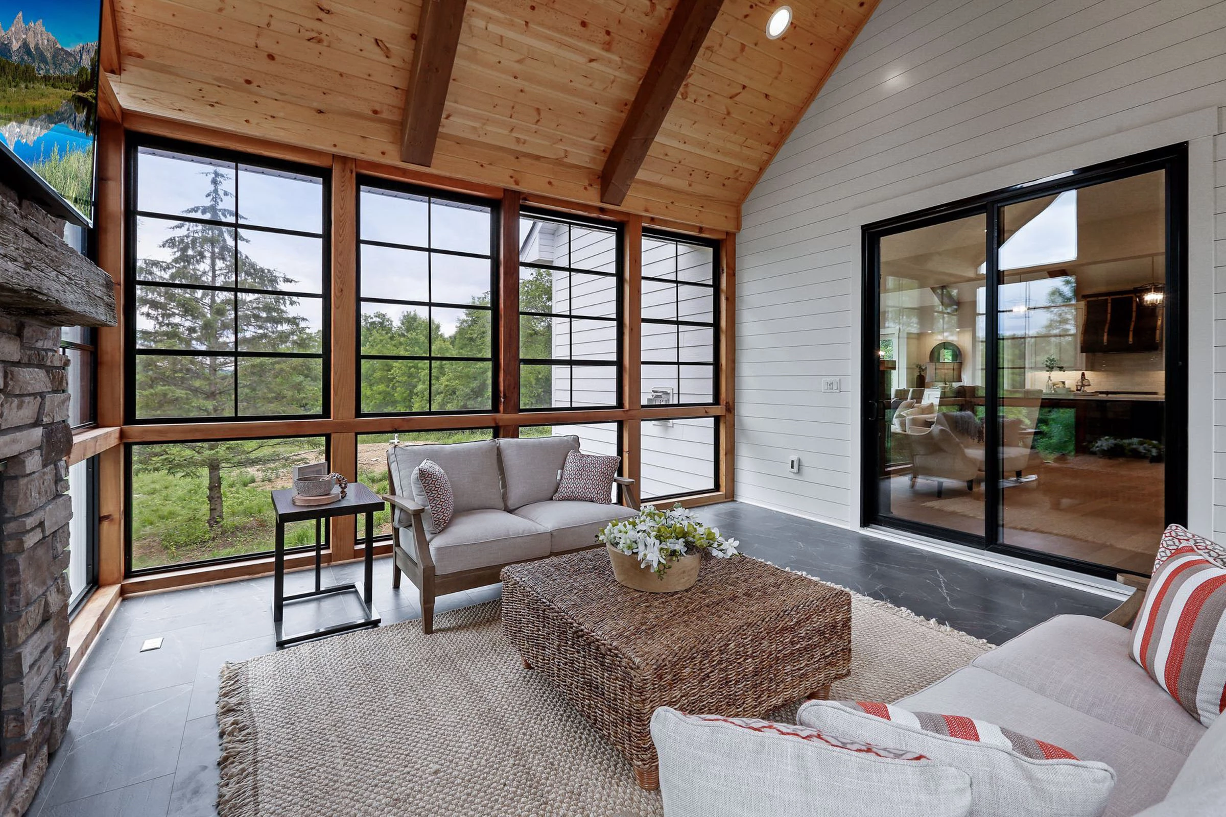 Three-season porch with knotty pine